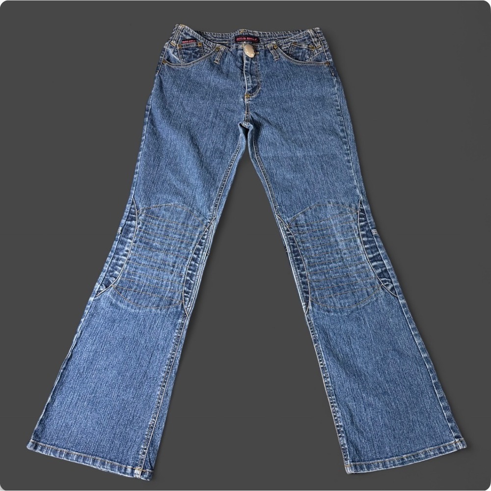 Y2K Moto Panel Flare Jeans Womens Size 11/12 Low Rise Blue Slub Denim Vintage